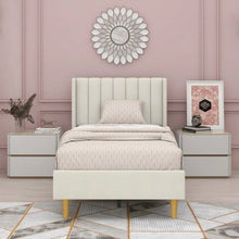 Load image into Gallery viewer, Twin size Mid-Century Platform Bed Frame with Cream Velvet Upholstered Headboard
