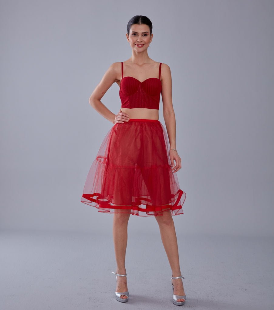 Red Voile Short Petticoat Skirt with Elastic Band - Perfect for Parties