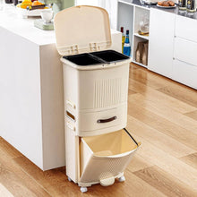 Load image into Gallery viewer, 12-Gallon Elevated Trash Can Recycle Bin with Lid on Wheels in Cream