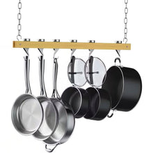 Load image into Gallery viewer, Ceiling Mounted 36-inch Wooden Pot Rack with 4 Pan Hanging Hooks and 2 Swivel Hooks