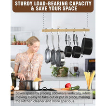 Load image into Gallery viewer, Ceiling Mounted 36-inch Wooden Pot Rack with 4 Pan Hanging Hooks and 2 Swivel Hooks