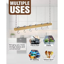 Load image into Gallery viewer, Ceiling Mounted 36-inch Wooden Pot Rack with 4 Pan Hanging Hooks and 2 Swivel Hooks