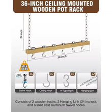 Load image into Gallery viewer, Ceiling Mounted 36-inch Wooden Pot Rack with 4 Pan Hanging Hooks and 2 Swivel Hooks
