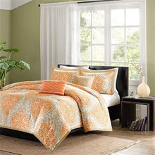 Load image into Gallery viewer, Twin size 4-Piece Orange White Damask Print Comforter Set