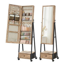 Load image into Gallery viewer, Industrial Modern Metal Wood Jewelry Armoire Cabinet Organizer Mirror on Wheels