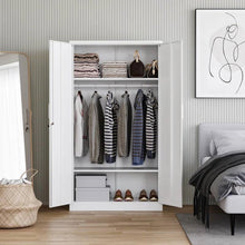 Load image into Gallery viewer, White Metal Locking Wardrobe Armoire Cabinet with Clothing Hanging Rod