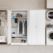 Load image into Gallery viewer, White Metal Locking Wardrobe Armoire Cabinet with Clothing Hanging Rod