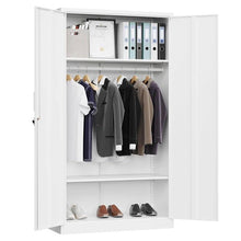 Load image into Gallery viewer, White Metal Locking Wardrobe Armoire Cabinet with Clothing Hanging Rod