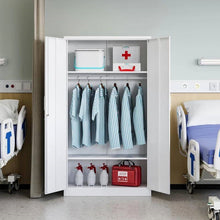 Load image into Gallery viewer, White Metal Locking Wardrobe Armoire Cabinet with Clothing Hanging Rod