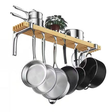 Load image into Gallery viewer, 36-inch x 8-inch Wall Mounted Metal Wood Pot Rack with 6 Swivel Hooks