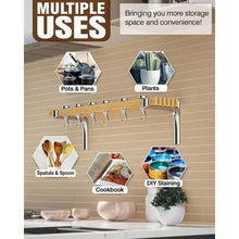 Load image into Gallery viewer, 36-inch x 8-inch Wall Mounted Metal Wood Pot Rack with 6 Swivel Hooks