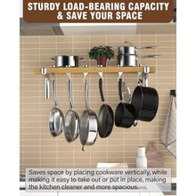 Load image into Gallery viewer, 36-inch x 8-inch Wall Mounted Metal Wood Pot Rack with 6 Swivel Hooks