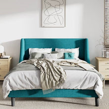 Load image into Gallery viewer, Full Size Turquoise Linen Blend Upholstered Platform Bed with Wingback Headboard