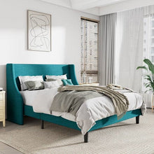 Load image into Gallery viewer, Full Size Turquoise Linen Blend Upholstered Platform Bed with Wingback Headboard