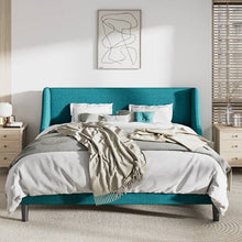 Load image into Gallery viewer, King Size Upholstered Linen Blend Headboard Wingback Platform Bed in Turquoise