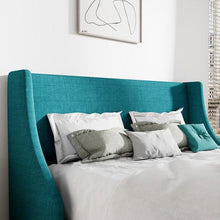Load image into Gallery viewer, King Size Upholstered Linen Blend Headboard Wingback Platform Bed in Turquoise