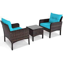 Load image into Gallery viewer, 3-Piece Brown PE Rattan Outdoor Patio Furniture Dining Set w/ Turquoise Cushions