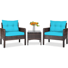 Load image into Gallery viewer, 3-Piece Brown PE Rattan Outdoor Patio Furniture Dining Set w/ Turquoise Cushions