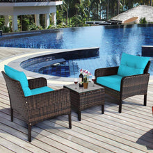 Load image into Gallery viewer, 3-Piece Brown PE Rattan Outdoor Patio Furniture Dining Set w/ Turquoise Cushions