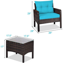 Load image into Gallery viewer, 3-Piece Brown PE Rattan Outdoor Patio Furniture Dining Set w/ Turquoise Cushions
