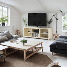 Load image into Gallery viewer, Farmhouse TV Stand in Light Travertine Wood Finish - for TVs up to 70-inch