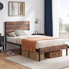 Load image into Gallery viewer, Twin Industrial Platform Bed Frame with Brown Wood Slatted Headboard Footboard