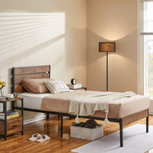 Load image into Gallery viewer, Twin Industrial Platform Bed Frame with Brown Wood Slatted Headboard Footboard
