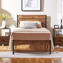 Load image into Gallery viewer, Twin Industrial Platform Bed Frame with Brown Wood Slatted Headboard Footboard