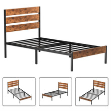 Load image into Gallery viewer, Twin Industrial Platform Bed Frame with Brown Wood Slatted Headboard Footboard