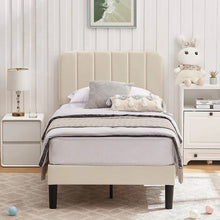 Load image into Gallery viewer, Twin size Beige Upholstered Platform Bed Frame with Headboard