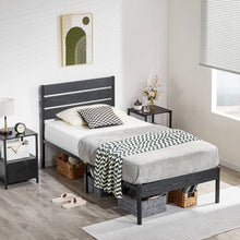 Load image into Gallery viewer, Twin size Industrial Platform Bed Frame with Wood Slatted Headboard in Black