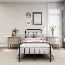 Load image into Gallery viewer, Twin size Farmhouse Black Metal Bed Frame with Rounded Headboard Footboard