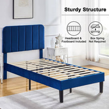 Load image into Gallery viewer, Twin size Blue Upholstered Platform Bed Frame with Headboard