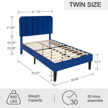 Load image into Gallery viewer, Twin size Blue Upholstered Platform Bed Frame with Headboard