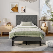 Load image into Gallery viewer, Twin Size Grey Upholstered Button Tufted Headboard Platform Bed