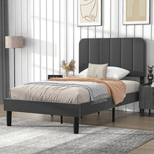 Load image into Gallery viewer, Twin size Dark Grey Upholstered Platform Bed Frame with Headboard