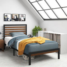 Load image into Gallery viewer, Twin Student Dorm Black Metal Platform Bed Frame with Brown Wood Slat Headboard