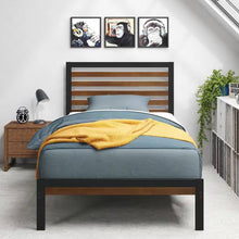 Load image into Gallery viewer, Twin Student Dorm Black Metal Platform Bed Frame with Brown Wood Slat Headboard