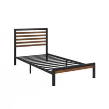 Load image into Gallery viewer, Twin Student Dorm Black Metal Platform Bed Frame with Brown Wood Slat Headboard