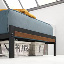 Load image into Gallery viewer, Twin Student Dorm Black Metal Platform Bed Frame with Brown Wood Slat Headboard