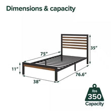 Load image into Gallery viewer, Twin Student Dorm Black Metal Platform Bed Frame with Brown Wood Slat Headboard