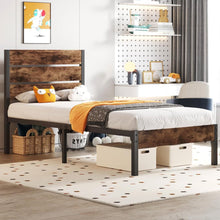Load image into Gallery viewer, Twin size Modern Farmhouse Metal Platform Bed Frame with Brown Wood Headboard