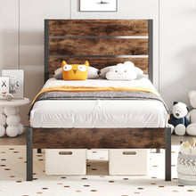 Load image into Gallery viewer, Twin size Modern Farmhouse Metal Platform Bed Frame with Brown Wood Headboard