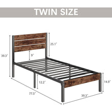 Load image into Gallery viewer, Twin size Modern Farmhouse Metal Platform Bed Frame with Brown Wood Headboard