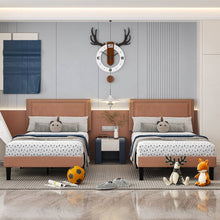 Load image into Gallery viewer, Set of 2 - Twin size Brown Tan Tufted Upholstered Platform Bed with Headboard