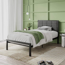 Load image into Gallery viewer, Twin Metal Platform Bed Frame with Gray Button Tufted Upholstered Headboard