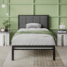 Load image into Gallery viewer, Twin Metal Platform Bed Frame with Gray Button Tufted Upholstered Headboard