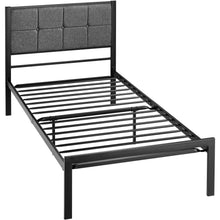 Load image into Gallery viewer, Twin Metal Platform Bed Frame with Gray Button Tufted Upholstered Headboard