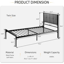 Load image into Gallery viewer, Twin Metal Platform Bed Frame with Gray Button Tufted Upholstered Headboard
