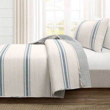 Load image into Gallery viewer, Twin/Twin XL Blue Off-White Stripe 2 Piece Reversible Cotton Quilt Set